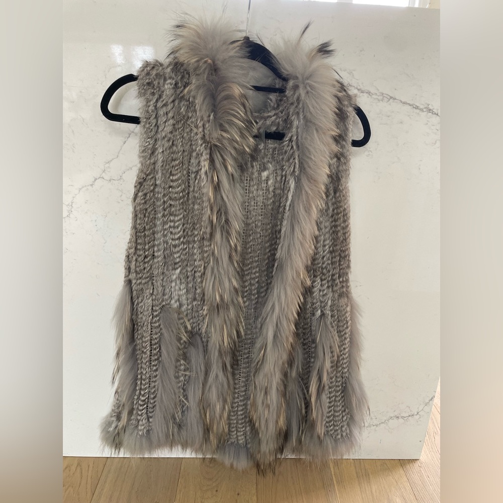 Real fur beautiful grey vest with hood, size M good for S-L